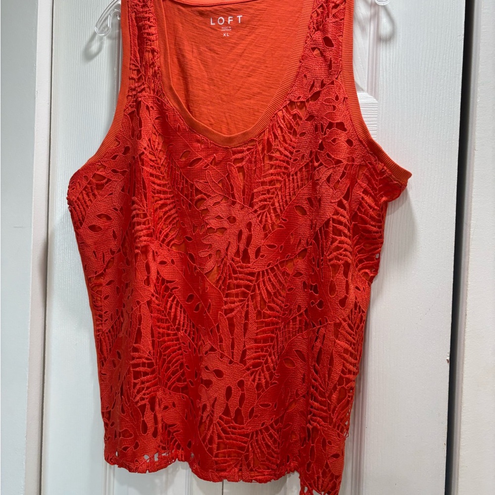 LOFT Orange Sleeveless Tank Top with Floral Burnout Design